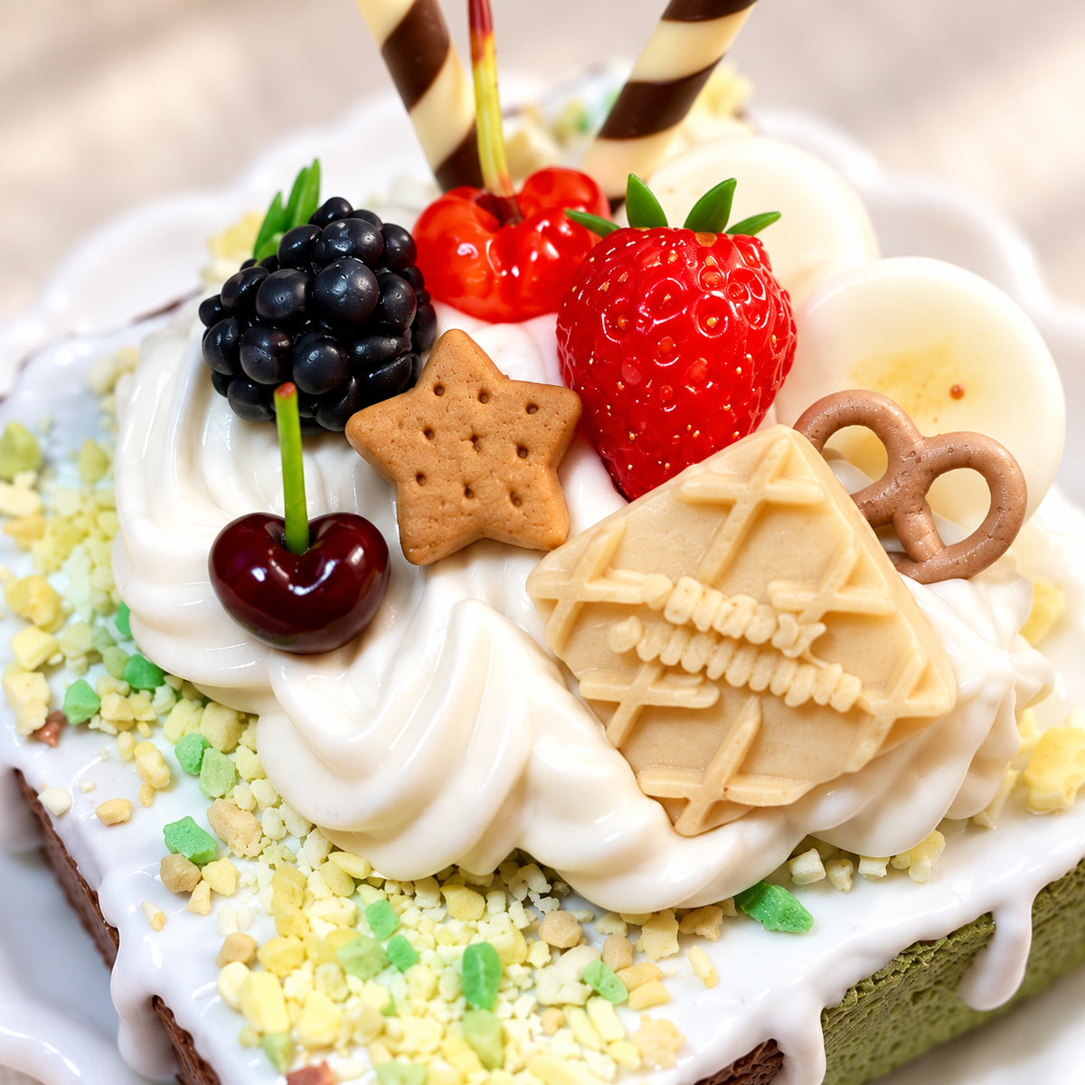 Close-up of fruit, cookie and cream-style decorations on the miniature clay cake