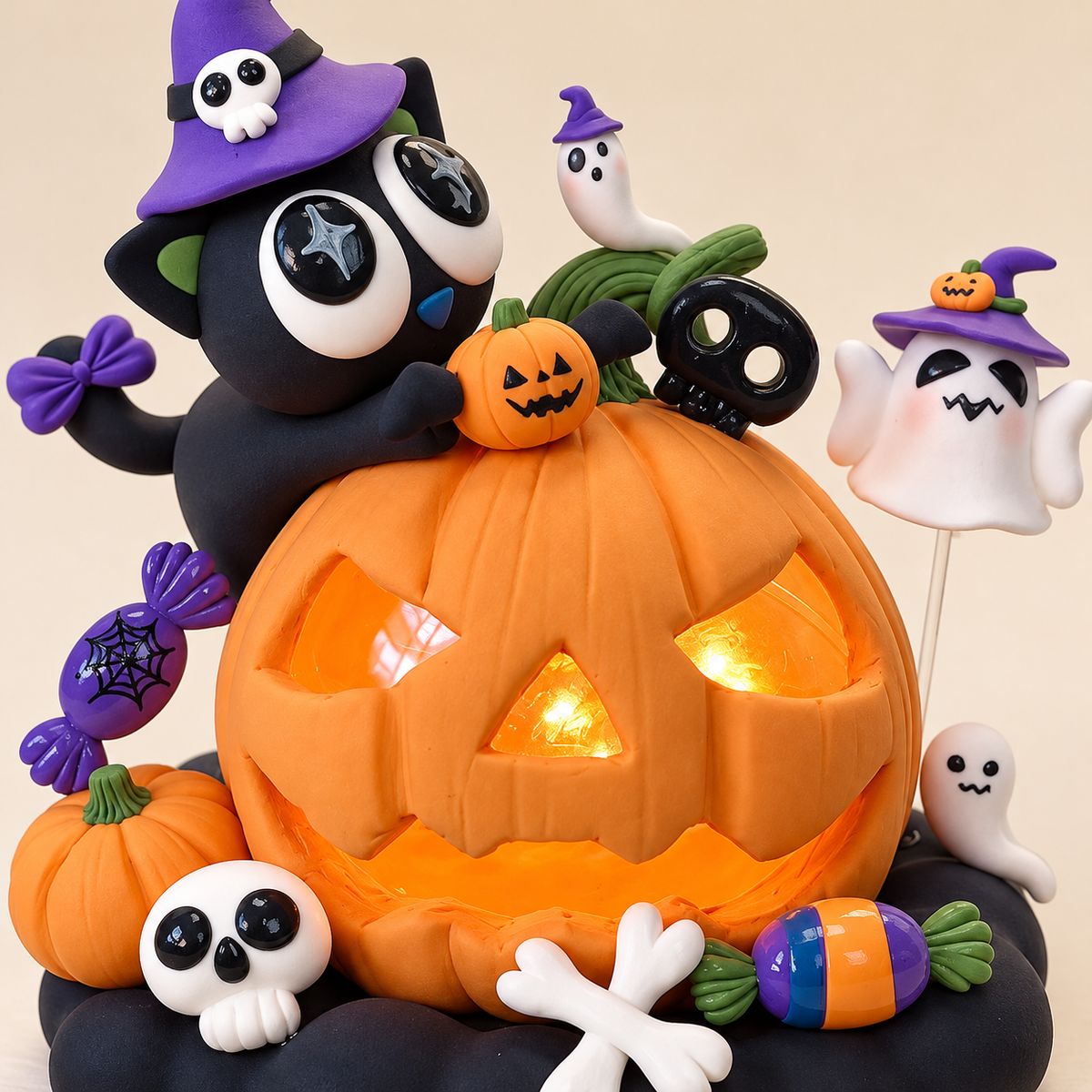 Close-up of the black cat, purple witch hat, ghosts and illuminated pumpkin design