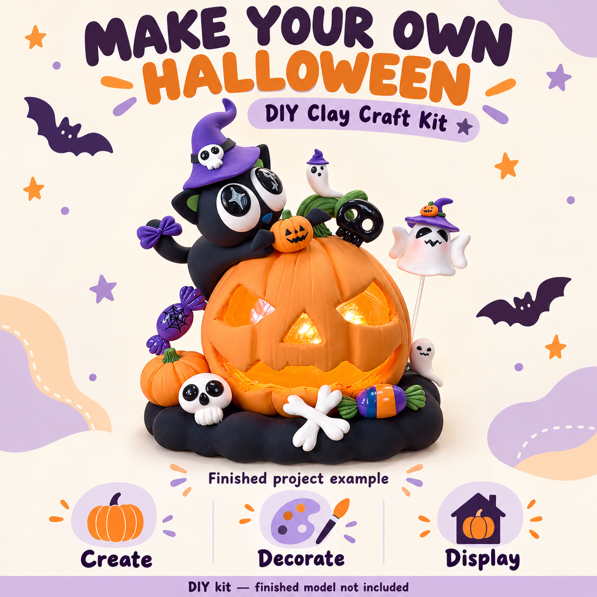 Make your own Halloween DIY clay craft kit; finished design is an example, assembly required