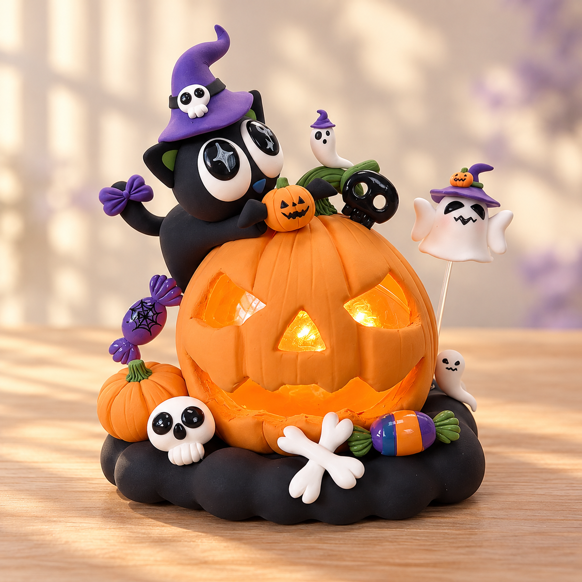 Finished Halloween pumpkin clay craft displayed on a warm wooden tabletop