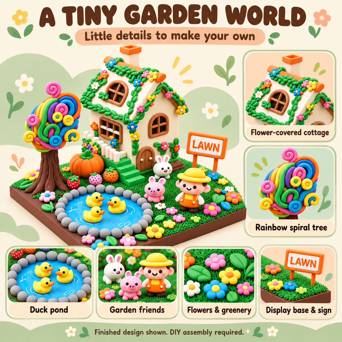 Garden cottage design details including rainbow tree, duck pond, garden friends and English LAWN sign