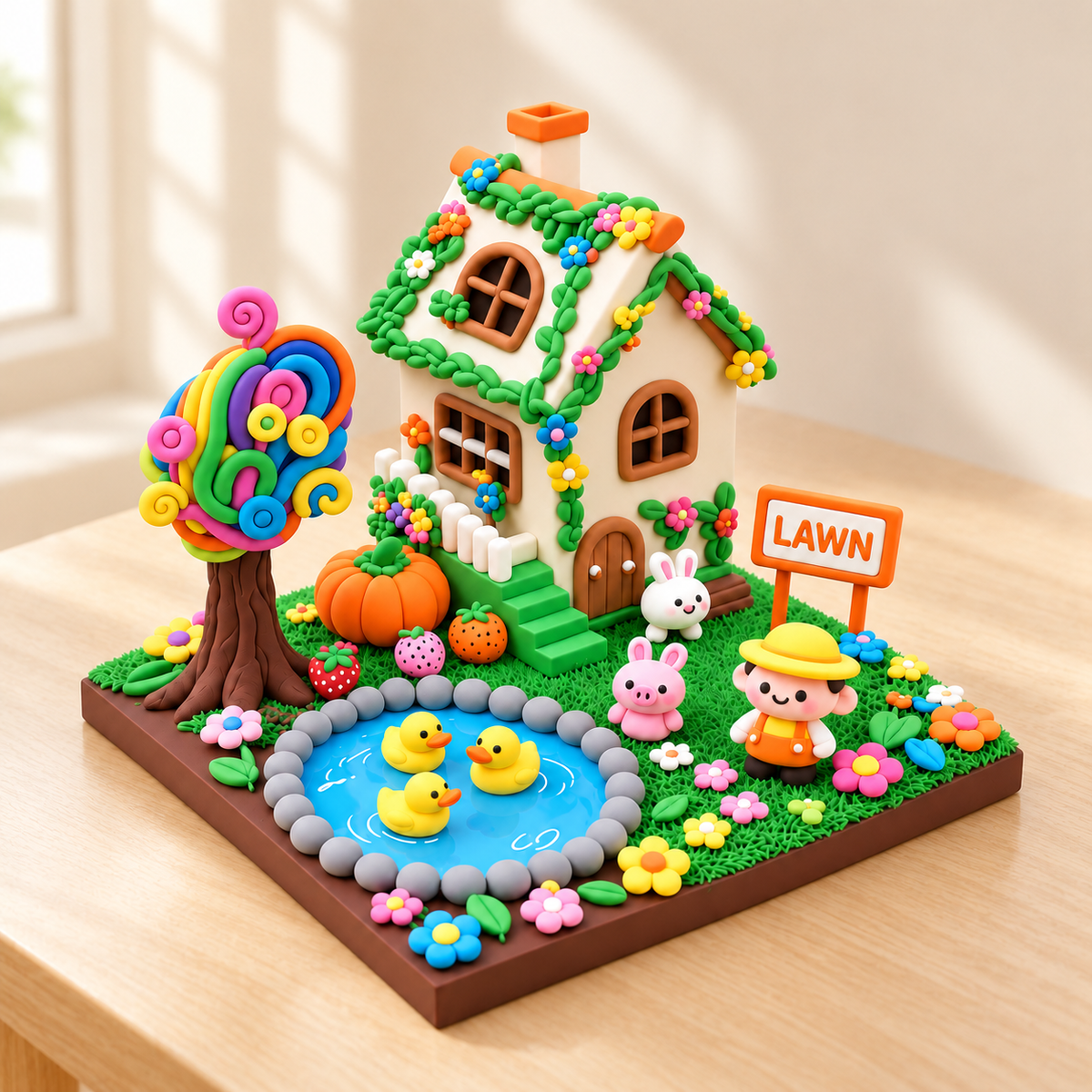Finished miniature garden cottage clay craft displayed on a warm wooden table