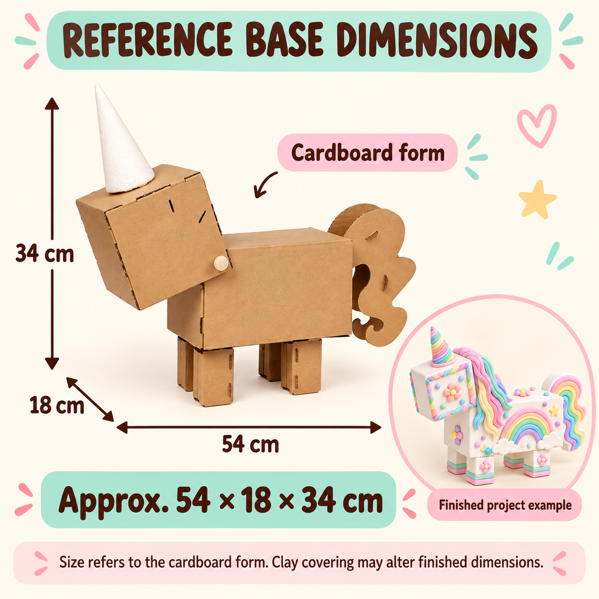 Approximate cardboard form dimensions 54 by 18 by 34 cm; clay decoration may alter finished dimensions