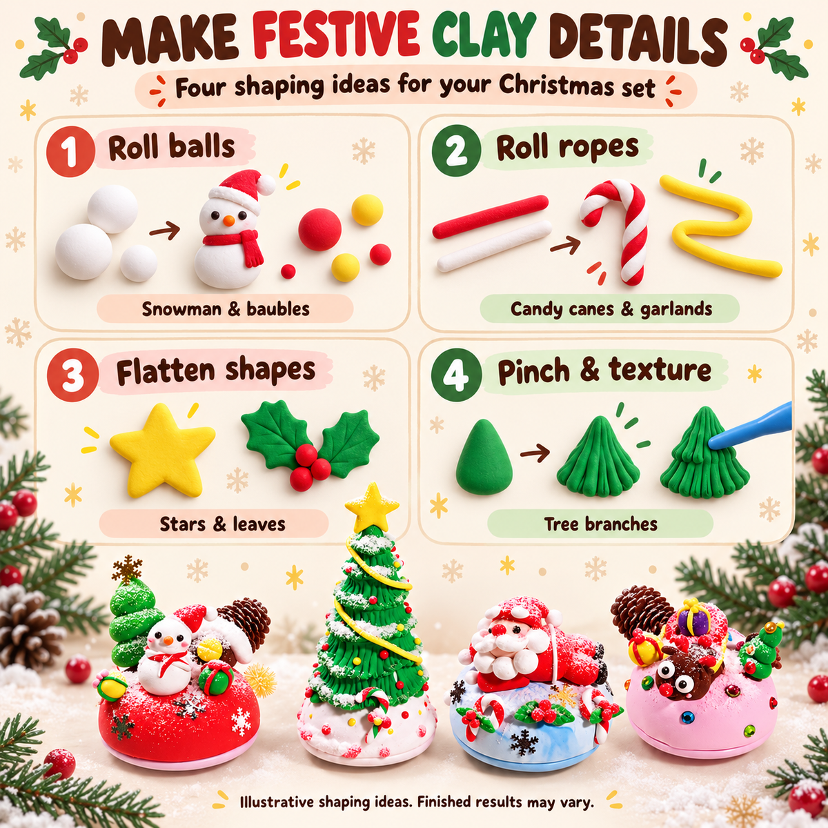 Four clay shaping ideas for Christmas decorations: roll balls, roll ropes, flatten shapes and pinch textures