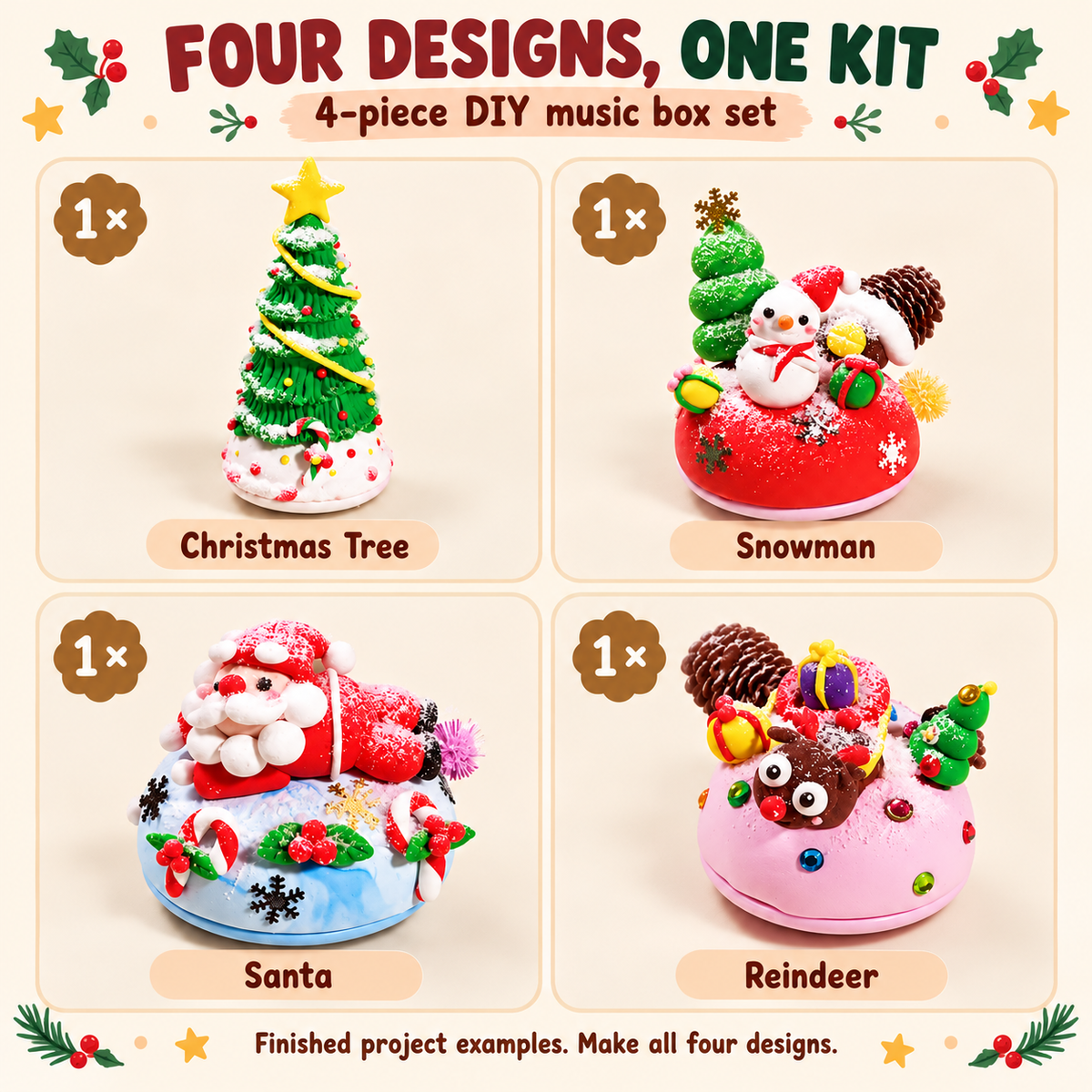 One each of Christmas Tree, Snowman, Santa and Reindeer: four designs in one DIY kit