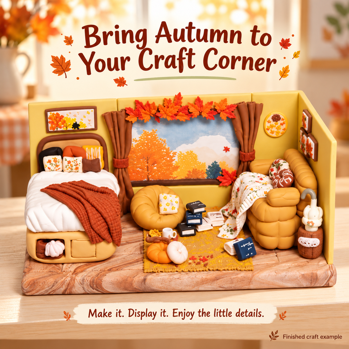Finished autumn bedroom miniature displayed on a warm neutral shelf