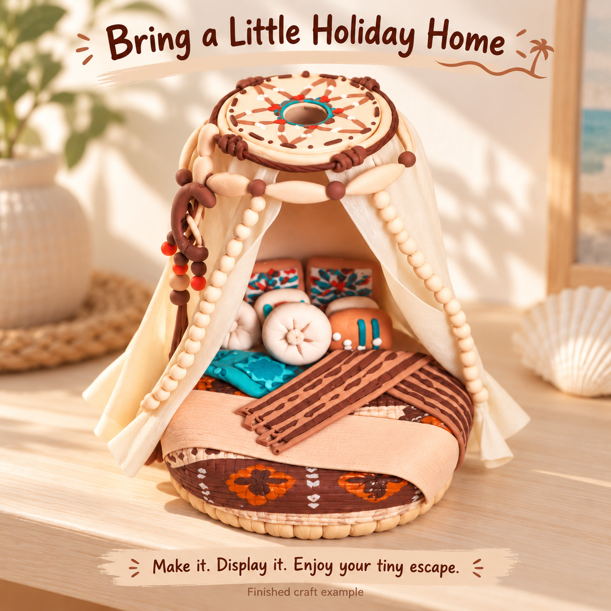 Finished island holiday clay daybed miniature displayed on a sunlit neutral shelf