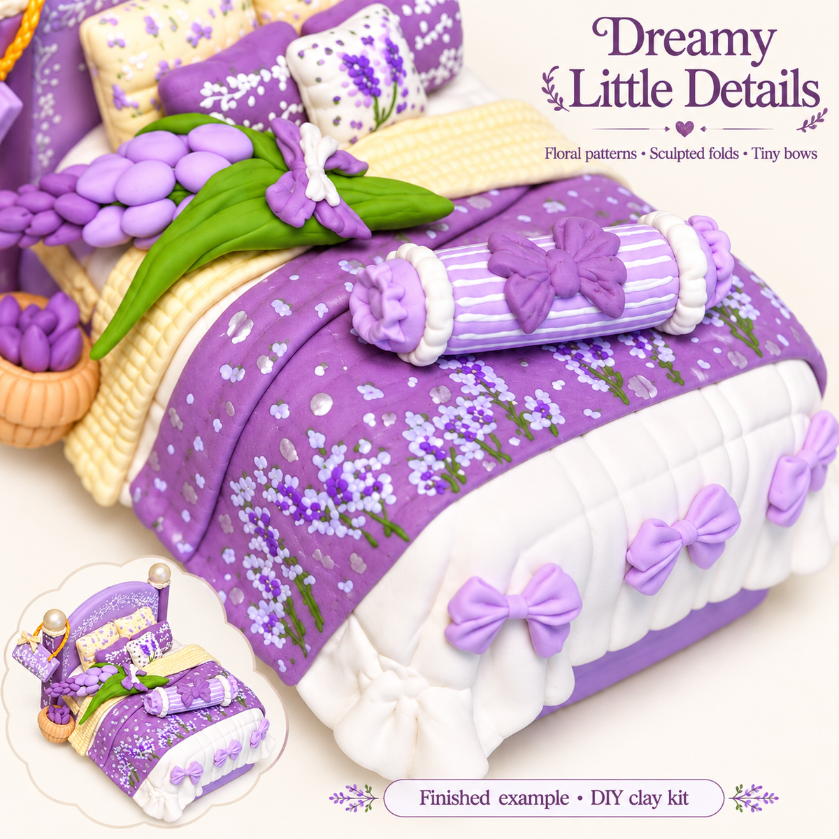 Close-up of floral coverlet, miniature bolster, white ruffle and lavender bows
