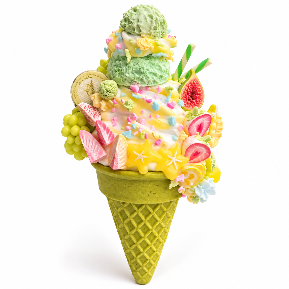 Pastel fruit ice cream cone clay craft finished example with green cone and yellow fruit-topped mound