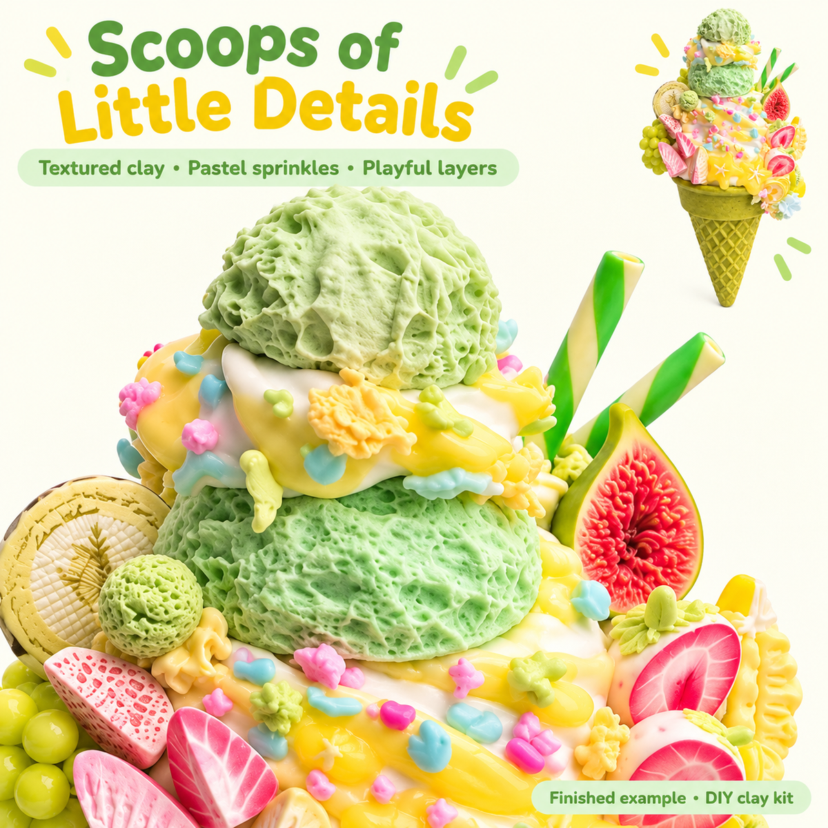Close-up of textured green clay scoops, pastel sprinkles and striped wafer ornaments