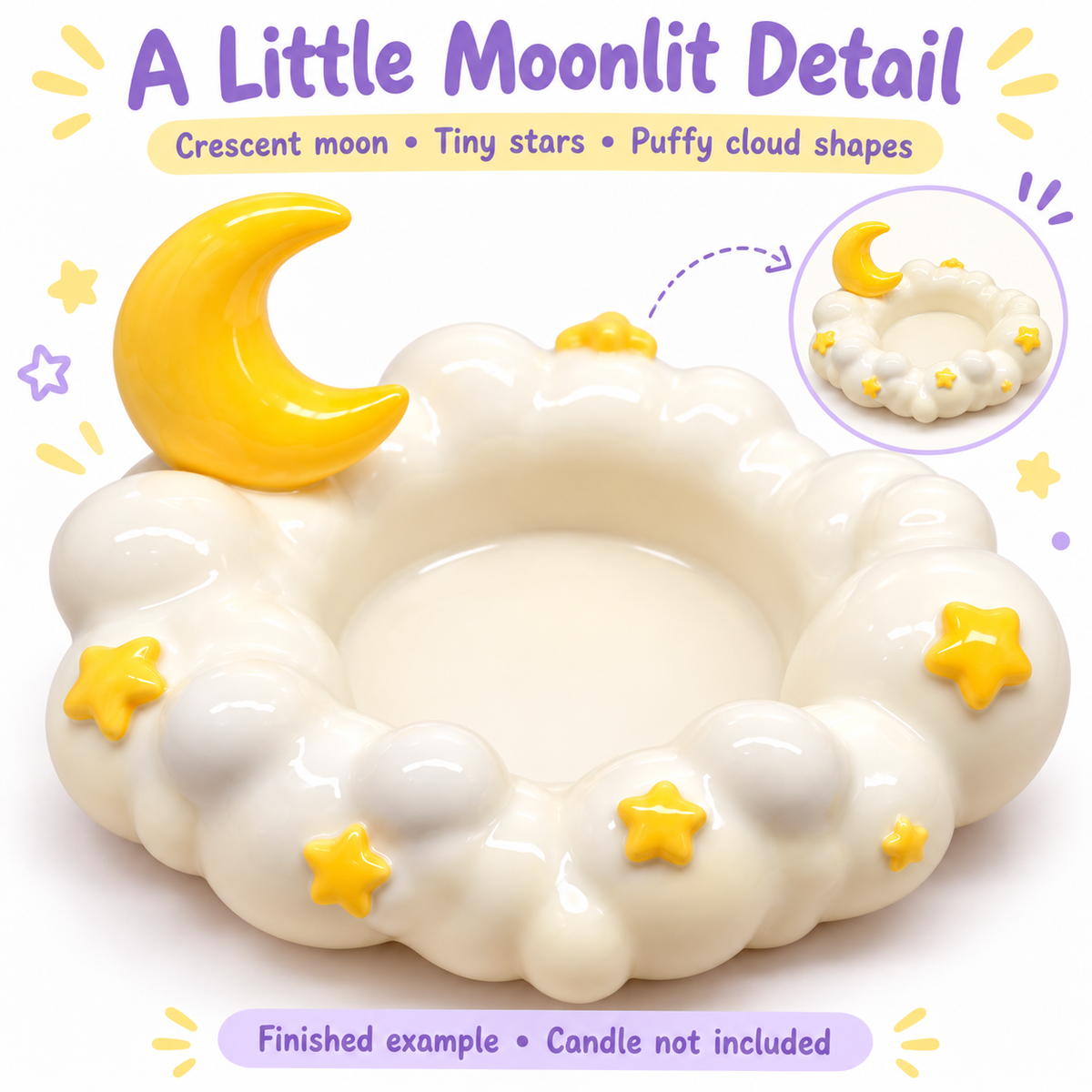 Close-up of yellow crescent moon, raised stars and sculpted ivory cloud shapes