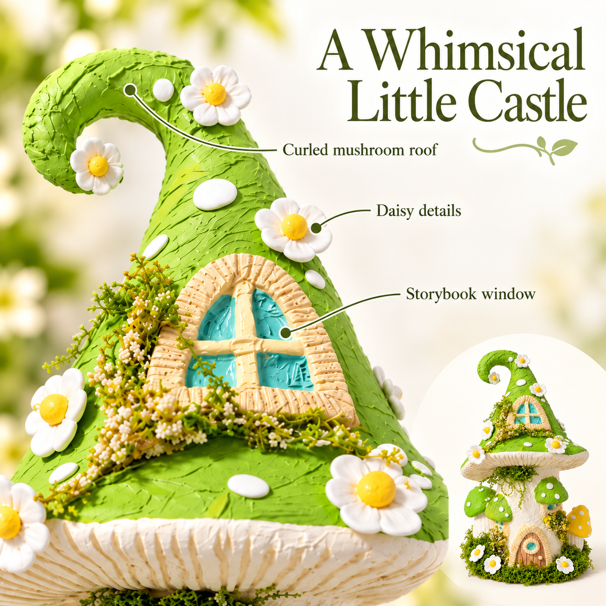 Close-up of the green curled mushroom roof, daisies and turquoise storybook window.