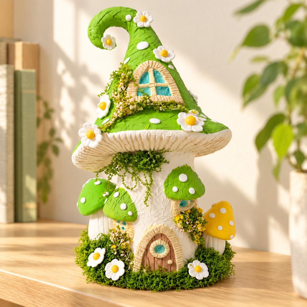 Completed daisy mushroom castle clay craft displayed on a softly lit home shelf.