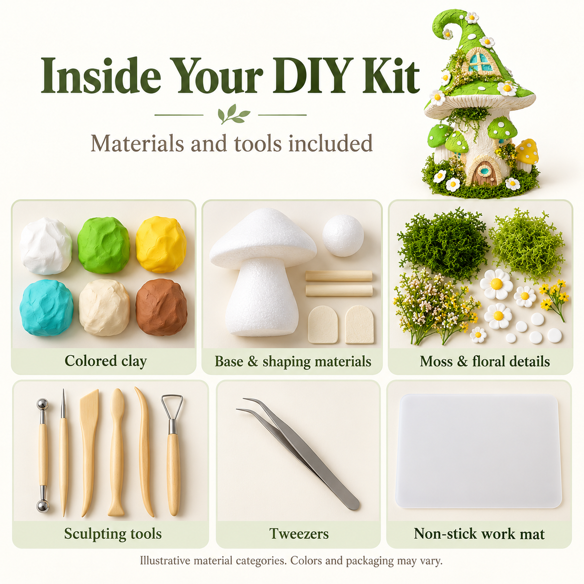 Illustrative kit overview of colored clay, base and shaping materials, moss and floral details, sculpting tools, tweezers and work mat.