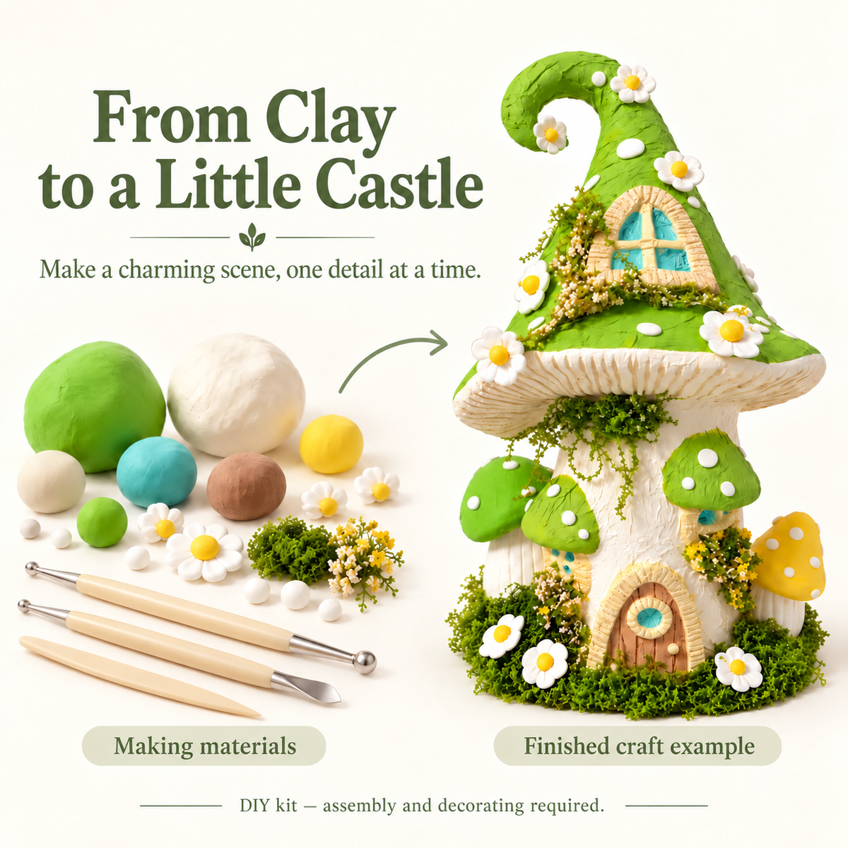 Making clay and tools beside the finished daisy mushroom castle, showing a DIY craft example.