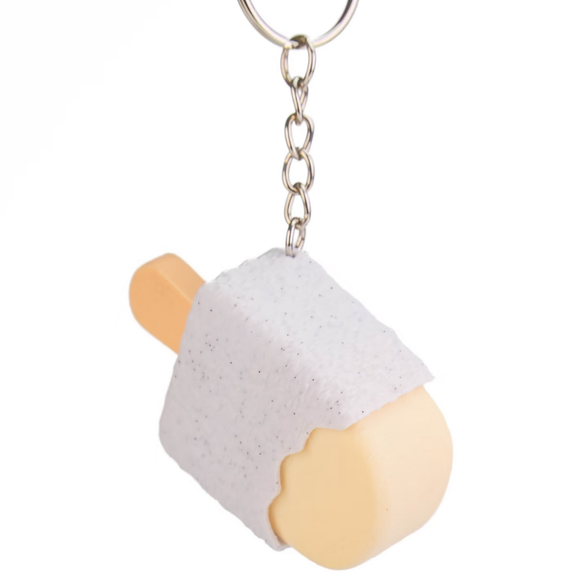 A novelty keychain shaped like a popsicle, featuring a beige stick and a white textured wrapper, suspended from a silver metal chain.