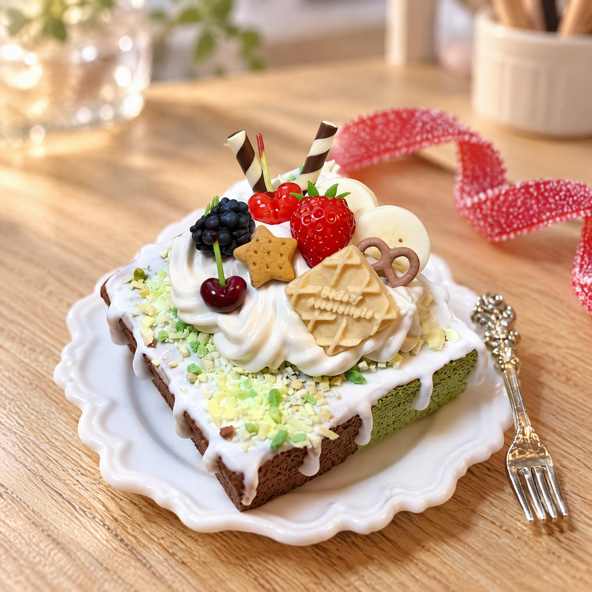 Mini berry cake clay craft on a scalloped plate in a warm tabletop setting