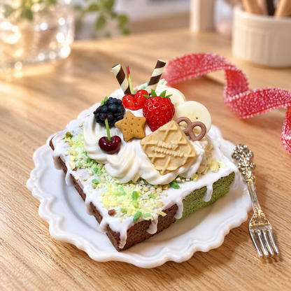 Mini berry cake clay craft on a scalloped plate in a warm tabletop setting