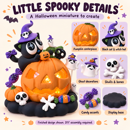 Halloween clay craft design details: pumpkin, black cat, ghosts, skulls, bones, candy accents and base