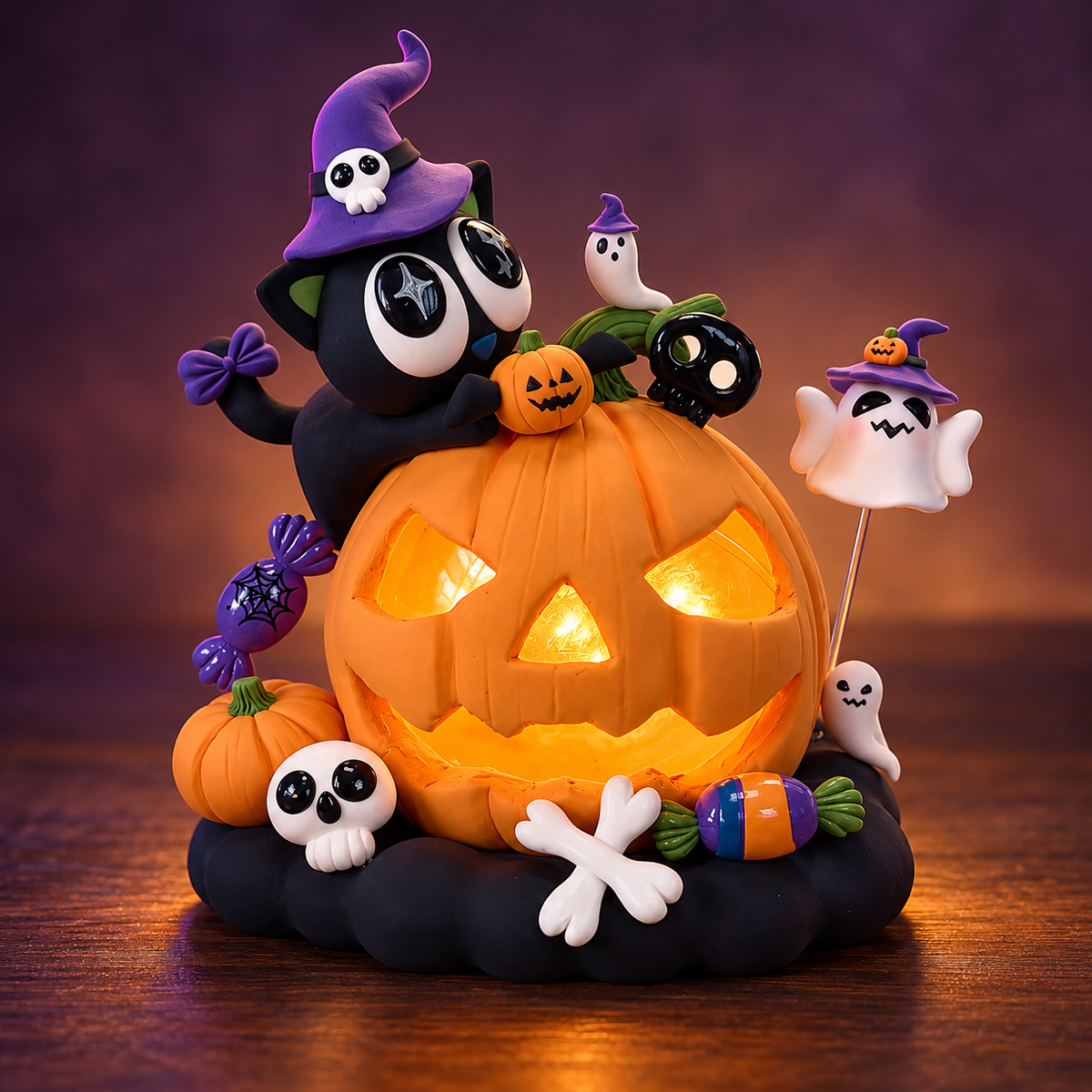Warm illuminated pumpkin surrounded by black cat and ghost clay decorations in an evening setting