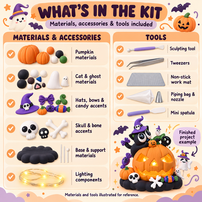 Illustrated kit contents: Halloween materials, accessories, lighting components and five crafting tool categories