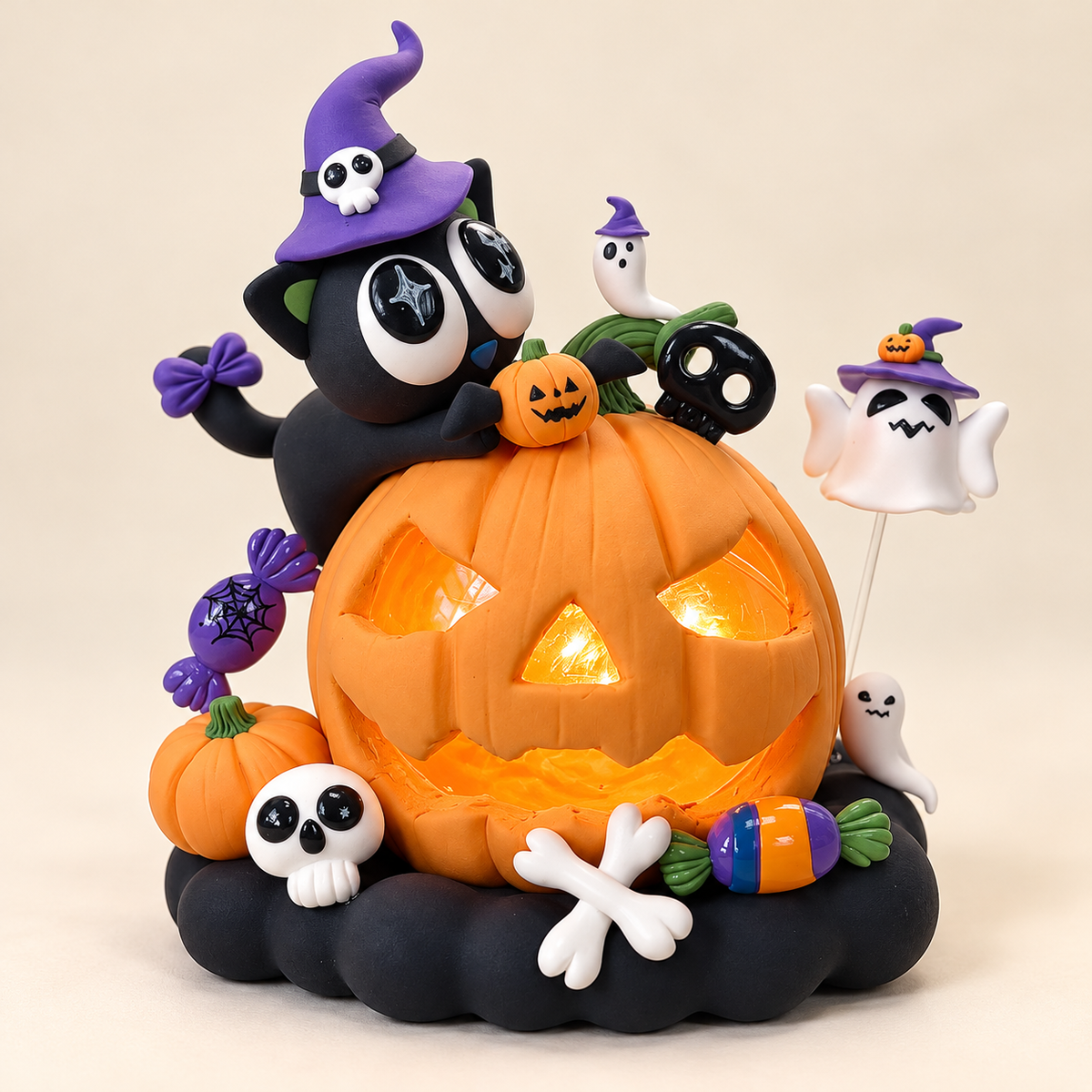 Halloween pumpkin and black cat DIY clay craft kit, finished project example on an ivory background