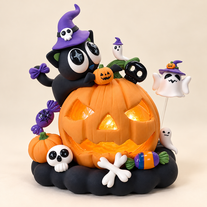 Halloween pumpkin and black cat DIY clay craft kit, finished project example on an ivory background