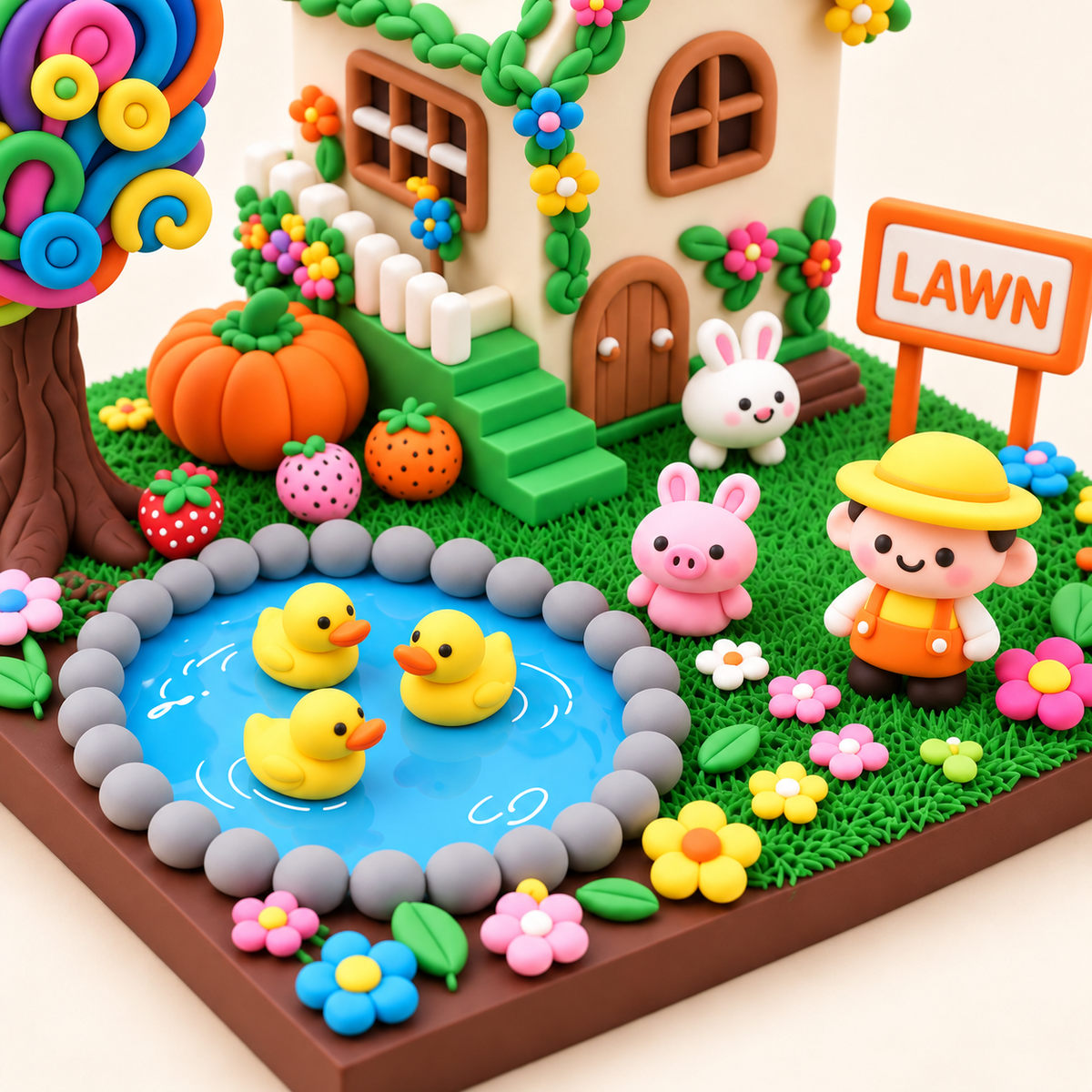 Close-up of three ducks, rabbit, pig, gardener and flowers in the miniature clay garden