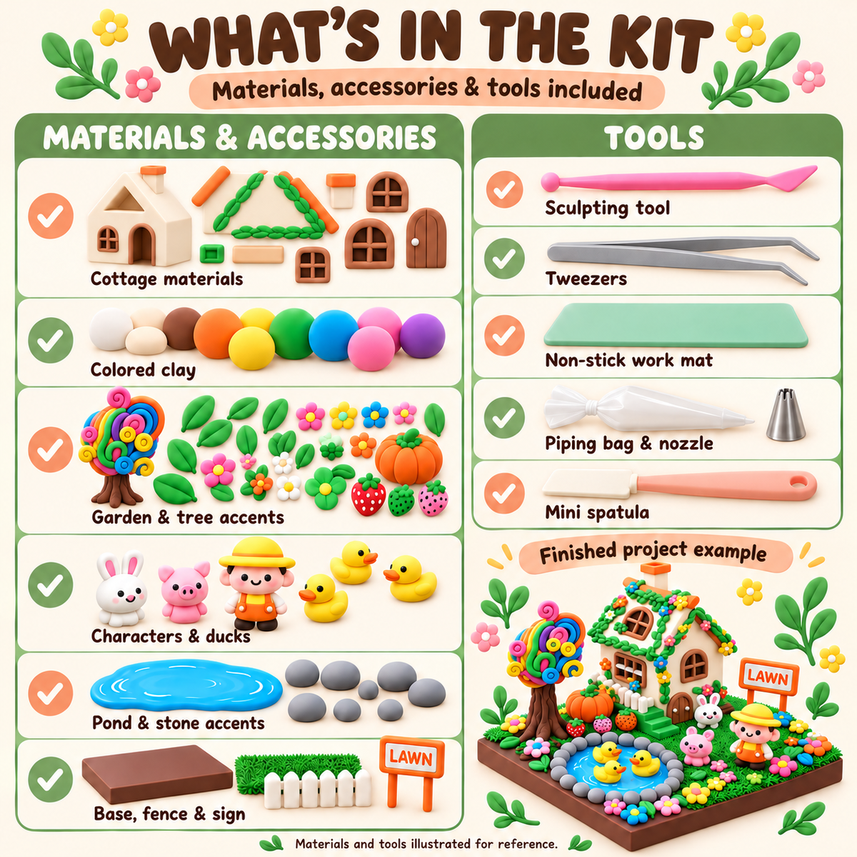 Illustrated garden cottage kit materials and accessories, three ducks and five included crafting tool categories
