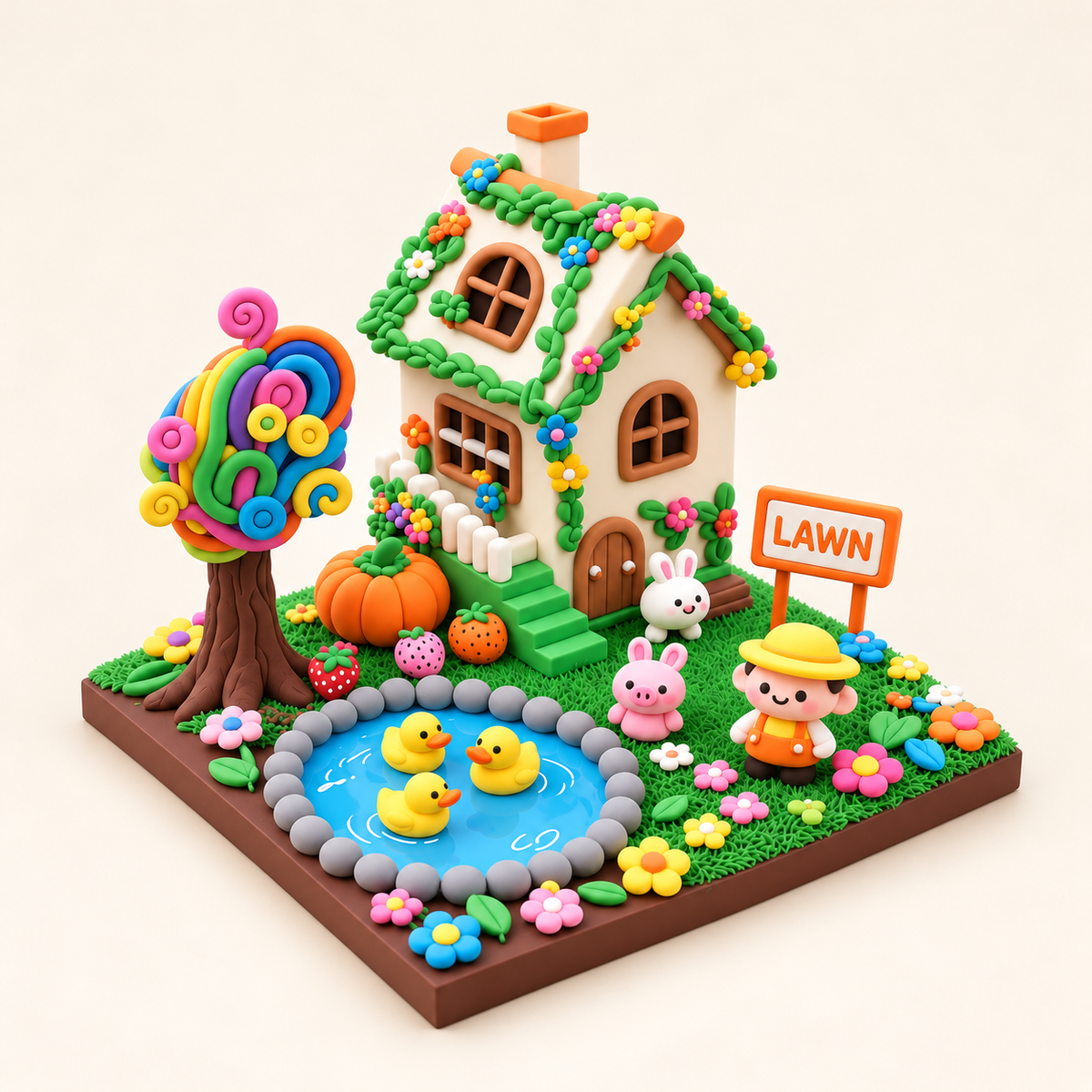 Rainbow Garden Cottage DIY Clay Craft Kit finished project with an English LAWN sign