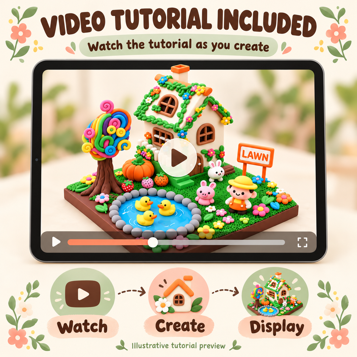 Included video tutorial for the garden cottage DIY kit, illustrated preview