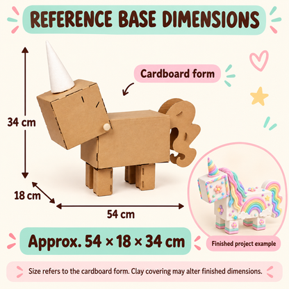 Approximate cardboard form dimensions 54 by 18 by 34 cm; clay decoration may alter finished dimensions