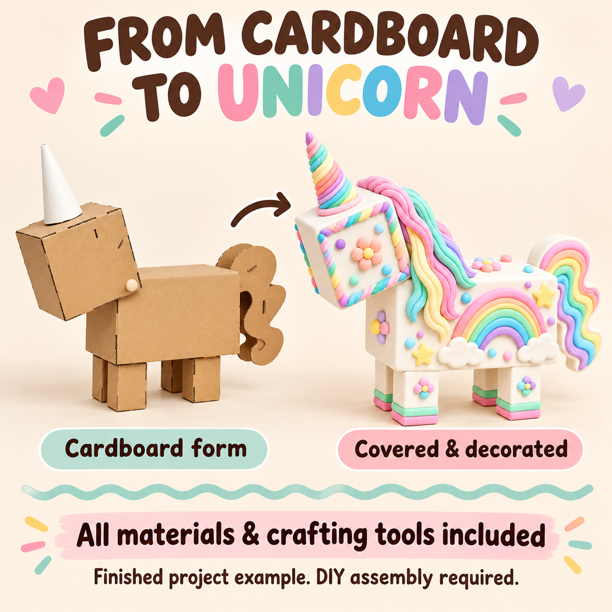 Plain cardboard unicorn form compared with a completely clay-covered and decorated finished project