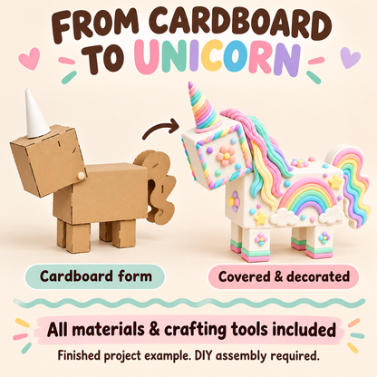Plain cardboard unicorn form compared with a completely clay-covered and decorated finished project