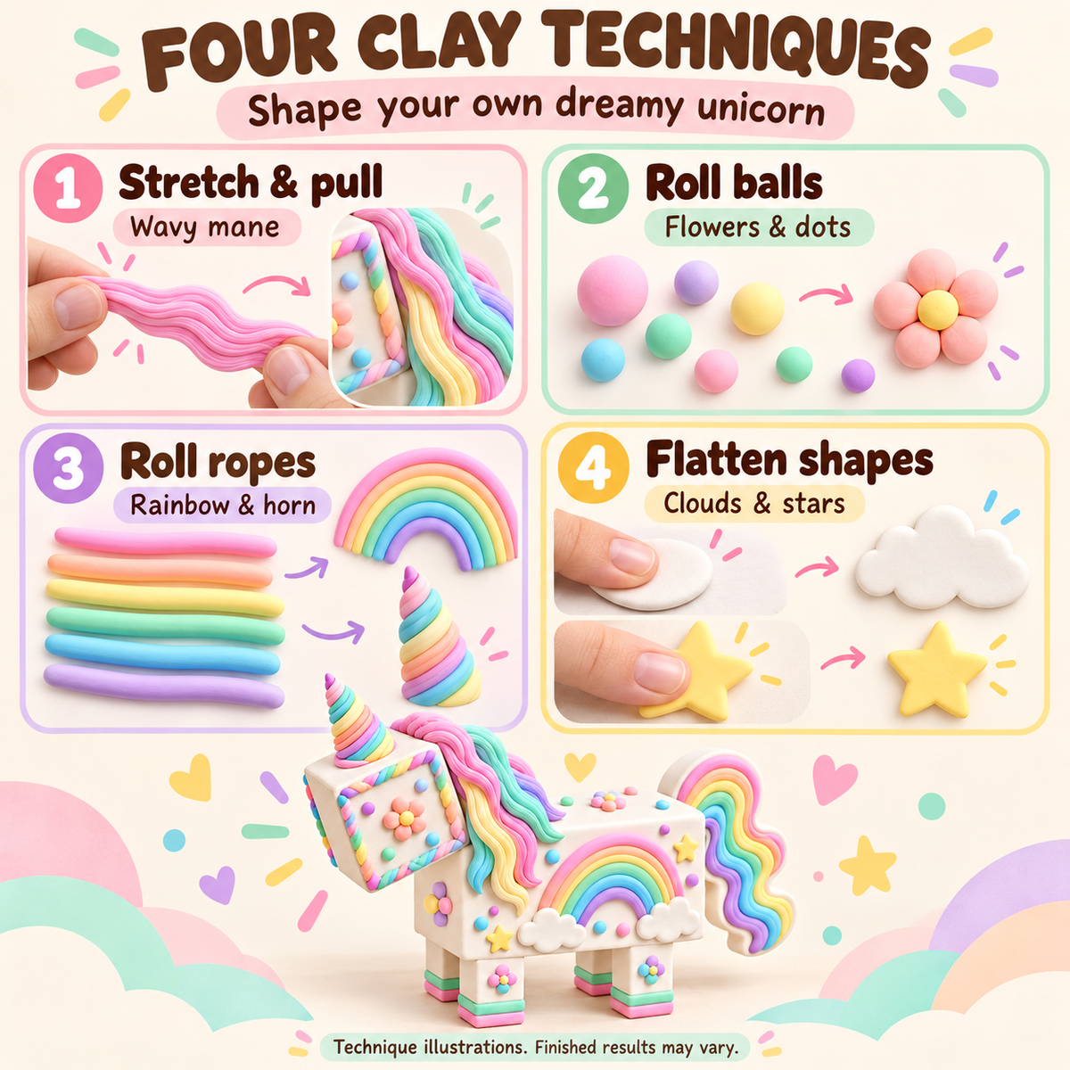 Four lightweight clay techniques: stretch and pull, roll balls, roll ropes, and flatten shapes