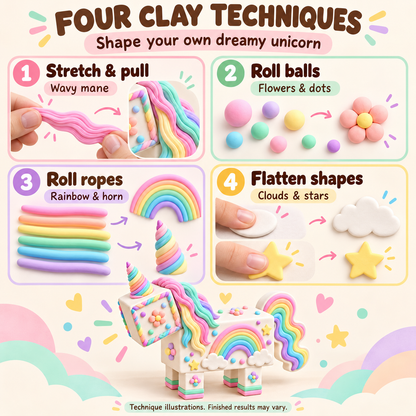 Four lightweight clay techniques: stretch and pull, roll balls, roll ropes, and flatten shapes