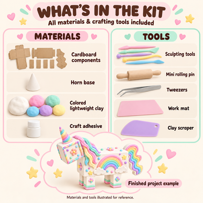 Included cardboard components, horn base, lightweight clay, adhesive and crafting tools, illustrated for reference