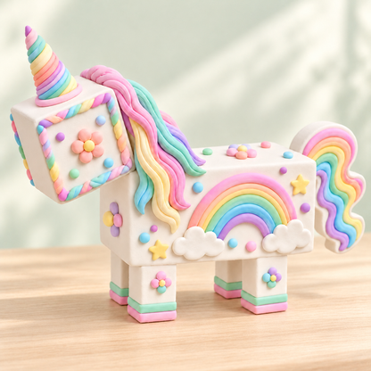 Fully clay-covered box-form unicorn finished project on a wooden display surface