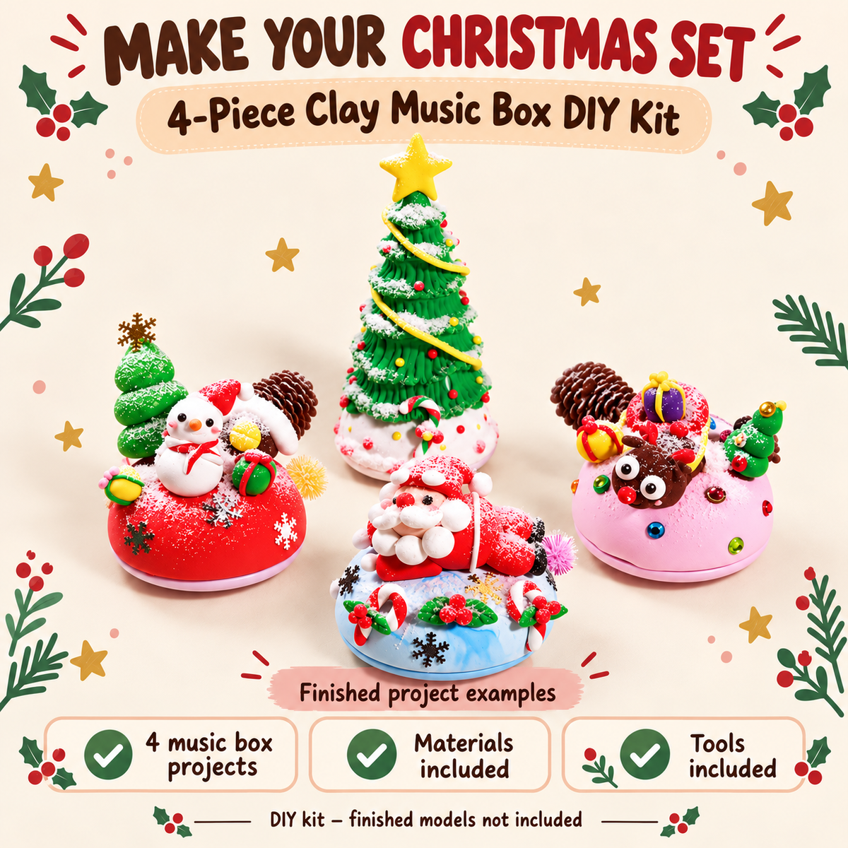 Four-piece clay music box DIY bundle with materials and tools included; finished models are examples