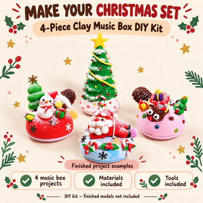 Four-piece clay music box DIY bundle with materials and tools included; finished models are examples