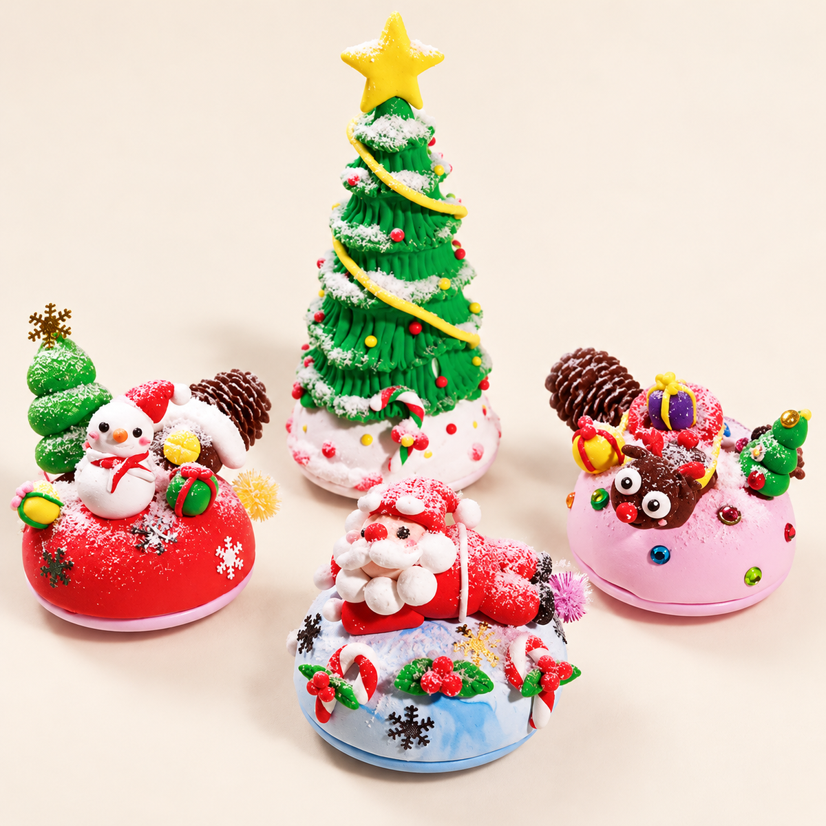 Four-piece Christmas clay music box DIY set with tree, snowman, Santa and reindeer finished-project examples