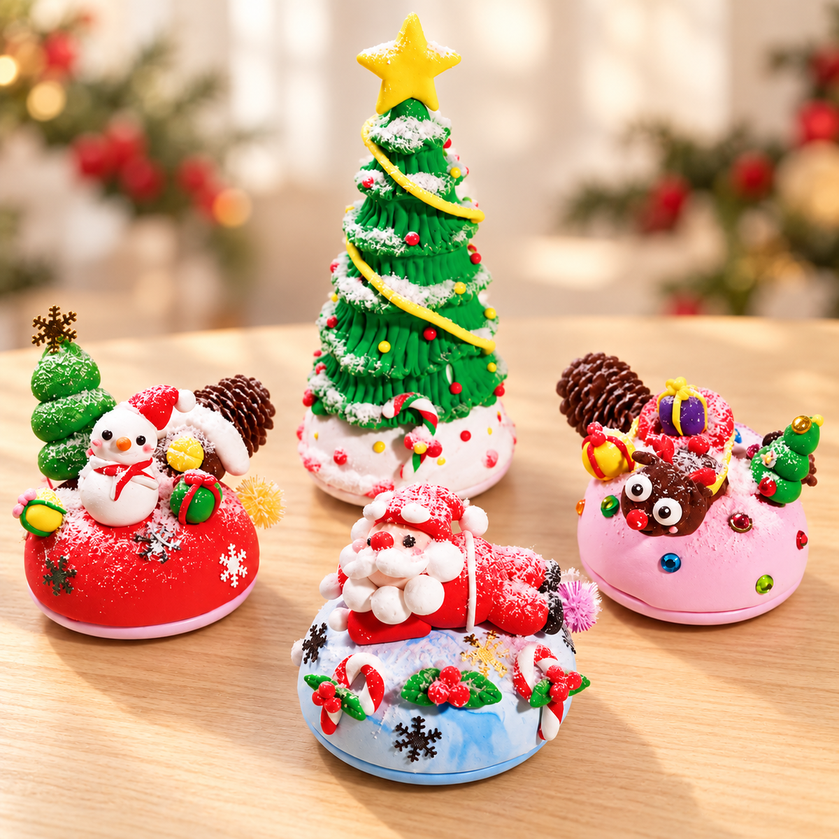 Four Christmas clay music box finished-project examples displayed together on a wooden table