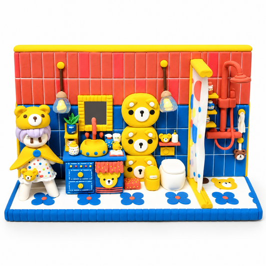 Bear-themed bathroom miniature DIY clay craft kit finished example