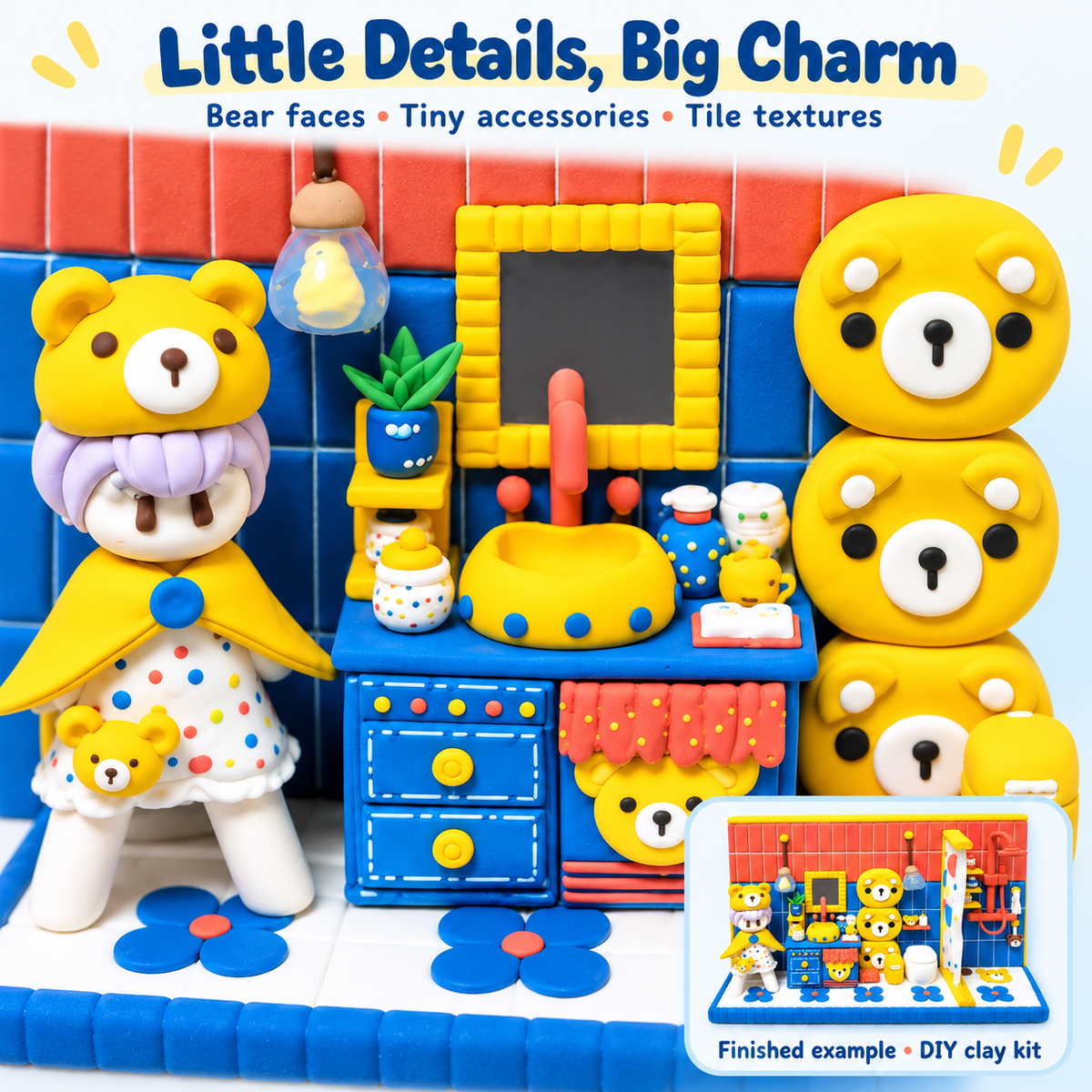 Close-up of miniature bear vanity, yellow-framed mirror and blue cabinet
