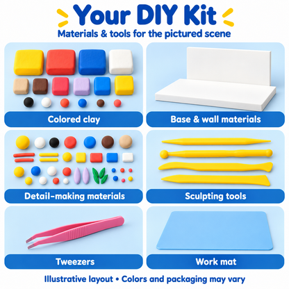 Illustrative overview of project clay, scene materials, sculpting tools, tweezers and work mat