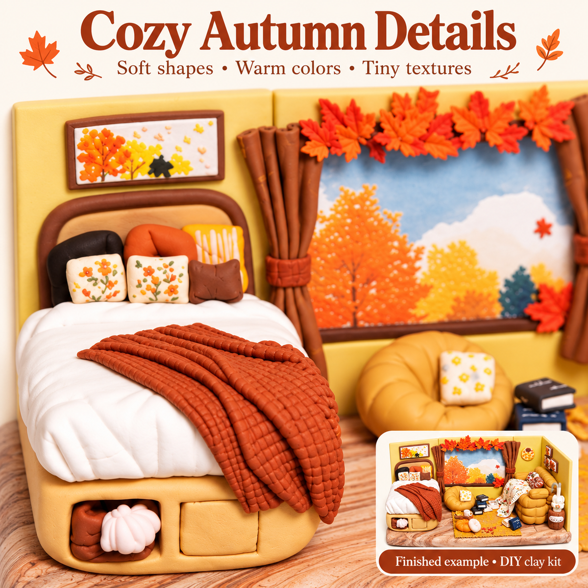 Close-up of miniature bed, rust-colored blanket and autumn window