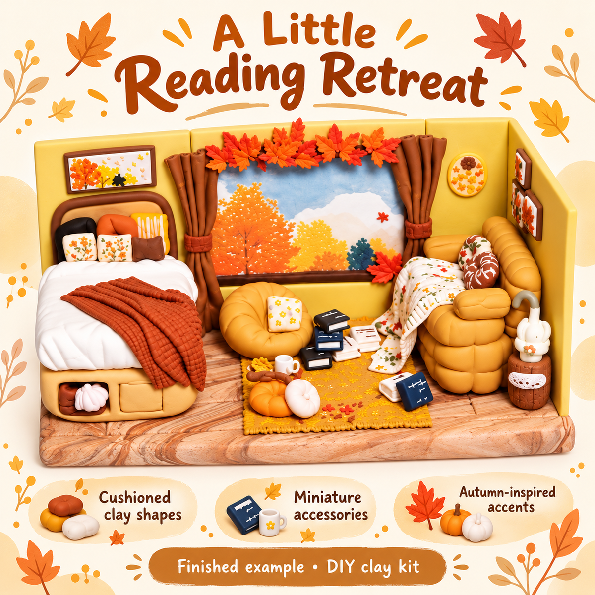 Mustard reading chair, floral blanket, tiny books and autumn accents