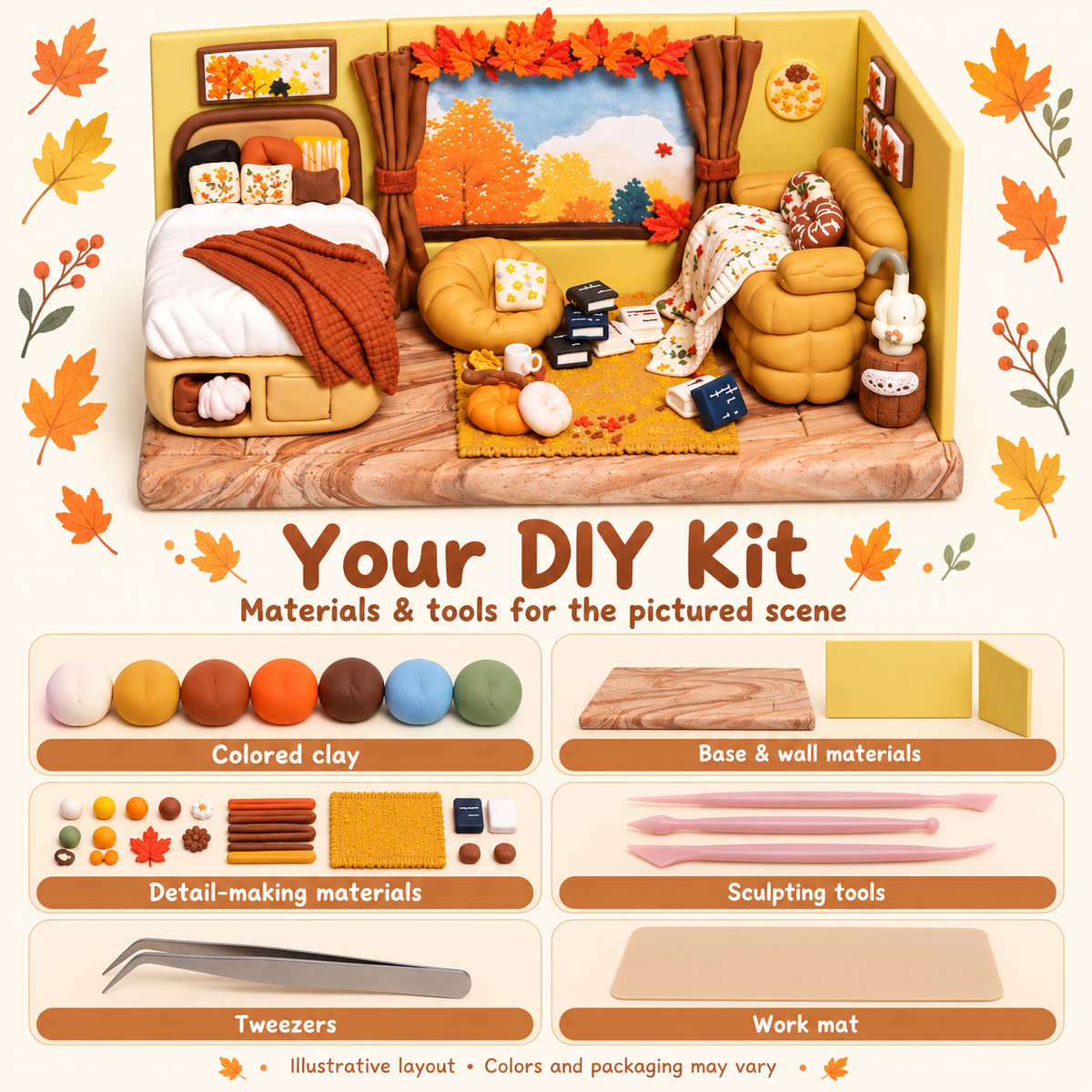 Illustrative kit overview with clay, scene materials, sculpting tools, tweezers and work mat