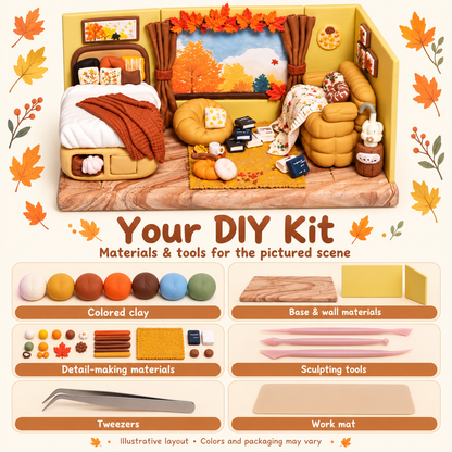 Illustrative kit overview with clay, scene materials, sculpting tools, tweezers and work mat