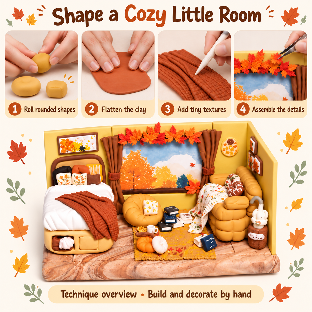 Clay techniques for rolling, flattening, texturing and assembling autumn room details